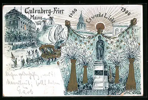 Lithographie Mainz, Gutenberg-Feier 1900, Strassenpartie mit Umzugswagen, Denkmal