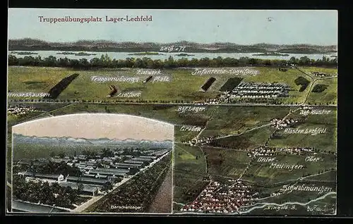 Künstler-AK Eugen Felle: Lager-Lechfeld, Truppenübungsplatz, Barackenlager, Graben, Bahnhof Lager und Bahnhof Kloster