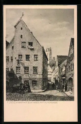 Künstler-AK Füssen, Strassenpartie mit Gasthof zum Hasen und Hutergasse