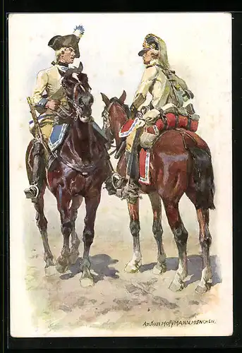 Künstler-AK Anton Hoffmann - München: Hist. Uniformen des bayer. 2. Chevauleger-Reg. Taxis, Dragoner & Cuirassier