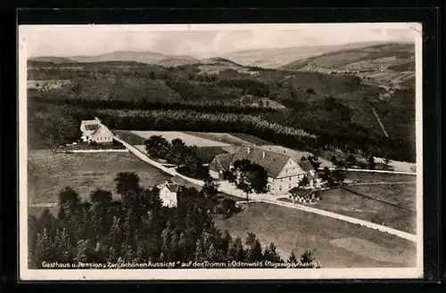 AK Tromm i. Odenwald, Fliegeraufnahme des Gasthauses und Pension Zur Schönen Aussicht