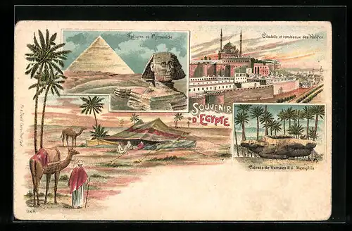 Lithographie Memphis, Sphynx et Pyramide, Colosse de Ramses II