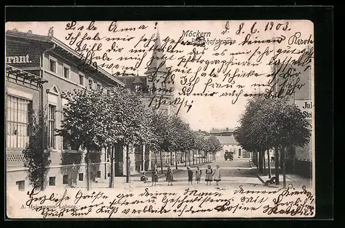 AK Möckern, Bahnhofstrasse mit Restaurant