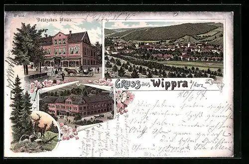 Lithographie Wippra /Harz, Deutsches Haus mit Strasse, Gesamtansicht, Hirsch