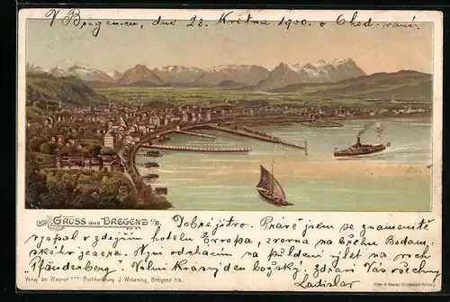 Lithographie Bregenz i. B., Blick auf den Ort mit Hafen, Dampfer, Boote und Bergpanorama