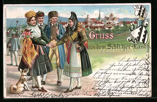 AK Gruss aus dem Schlitzer-Land, Männer und Frauen in hessischer Tracht