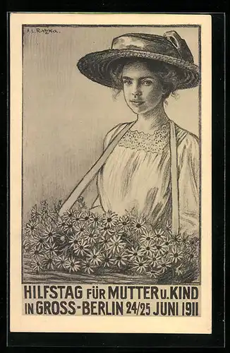 AK Hilfstag für Mutter u. Kind in Gross-Berlin 1911, Mädchen mit Bauchladen