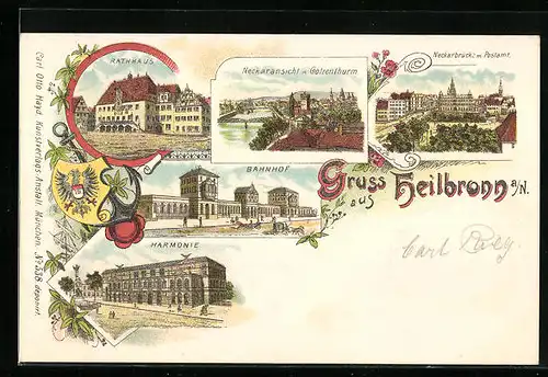 Lithographie Heilbronn, Bahnhof, Harmonie, Neckarpartien, Wappen