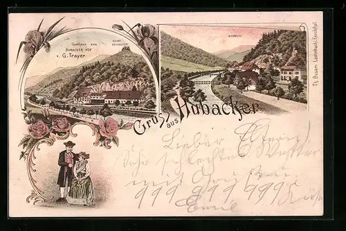 Lithographie Hubacker, Gasthaus zum Hubacker Hof v. G. Trayer, Bahnhof