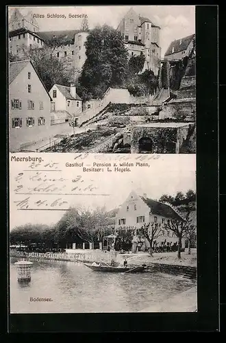 AK Meersburg, Gasthof-Pension zum wilden Mann L. Hegele mit Bodensee, Ortspartie mit Schloss