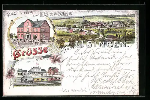 Lithographie Usingen, Gasthaus zur Eisenbahn, Bahnhof, Teilansicht