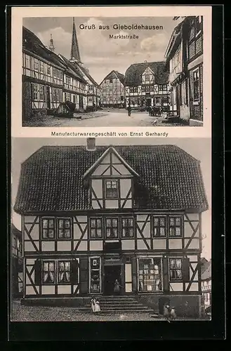 AK Gieboldehausen, Manufacturwarengeschäft von Ernst Gerhardy, Marktstrasse mit Fachwerkbauten