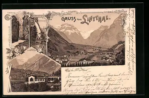 Lithographie Linthal, Ortsansicht, Lintschlucht, Schreienfall