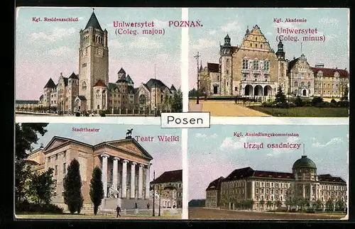 AK Posen, Kgl. Residenzschloss, Kgl. Akademie, Stadttheater, Kgl. Ansiedlungskommission