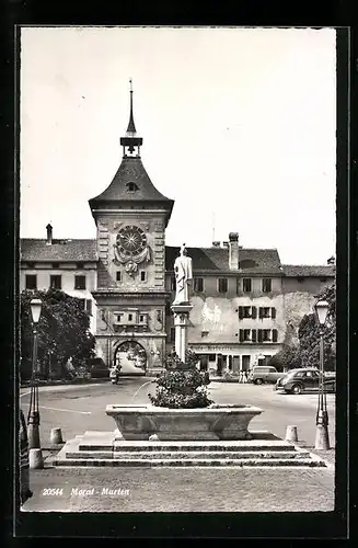 AK Morat-Murten, Ortspartie mit Café Helvetia und Turm