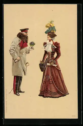 Lithographie Älterer Offizier und junge Dame