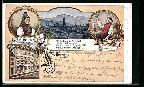 Lithographie Freiburg i. B., Hotel Falken, Inh.: Herm. Ihringer, Eisenbahnstrasse 32, Bad. Volkstracht, Ortsansicht