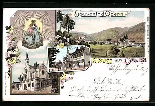 Lithographie Odern, Restaurant zum Nussbaum, Kirche, Ortsansicht