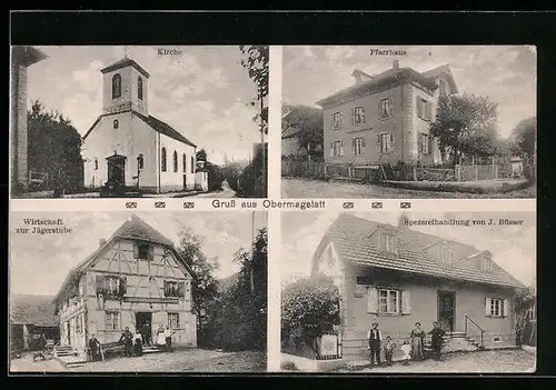 AK Obermagstatt, Wirtschaft zur Jägerstube, Spezereihandlung von J. Büsser, Kirche, Pfarrhaus