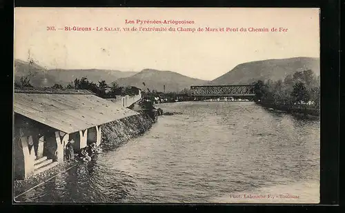 AK St-Girons, Le Salat, vu de l`extremité du Chamo de Mars et Pont du Chemin de Fer