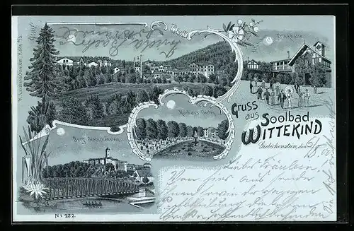 Mondschein-Lithographie Giebichenstein, Totalansicht mit Trinkhalle, Soolbad Wittekind, Kurhaus, Burg