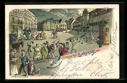 Lithographie Leipzig, Mitternachtsleben in den Strassen