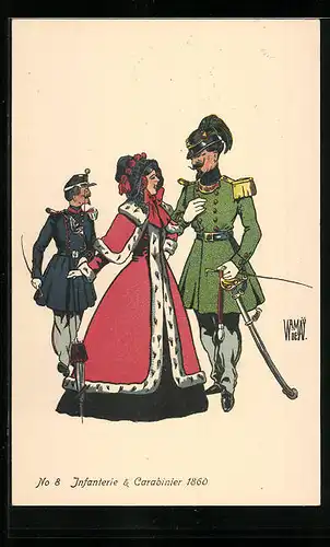 Künstler-AK sign. Wr. de May: Schweizer Infanterie-Soldat mit Frau und Carabinier, 1860