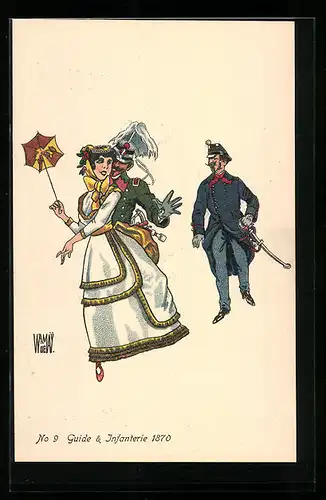 Künstler-AK sign. Wr. de May: Bern, Schweiz. Landes-Ausstellung 1914, Schweizer Infanterie-Soldat mit Frau und Guide