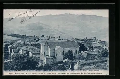 AK Rochepaule, L`èglise et les montagnes de St-Jeure-d`Andaure