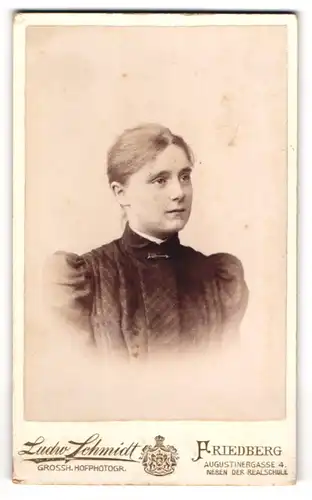 Fotografie Ludw. Schmidt, Friedberg, Augustinergasse 4, Portrait blondes Fräulein in gerüschter Bluse