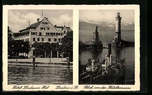 AK Lindau i. B., Hotel Lindauer Hof, Blick von der Hotelterrasse auf Hafeneinfahrt