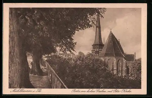 AK Mühlhausen i. Th., Partie am hohen Graben mit Petri-Kirche