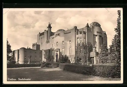 AK Cottbus, vor dem Stadttheater, Landpoststempel