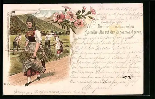 Lithographie Feldarbeiter in Schwarzwälder Tracht