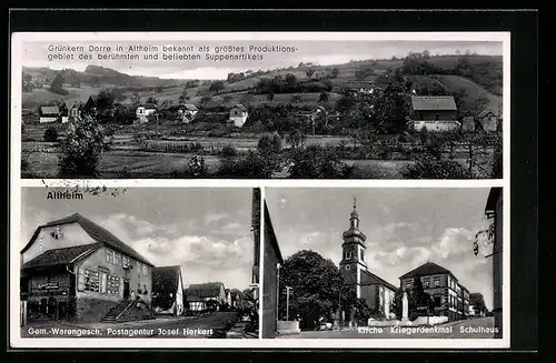 AK Altheim, Gem.-Warengeschäft und Postagentur Josef Herkert, Kirche und Schule