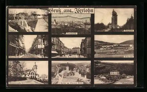 AK Iserlohn, Kaiserplatz, Danzturm, Bahnhof