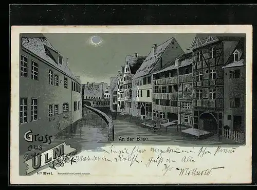 Mondschein-Lithographie Ulm, Ortspartie an der Blau