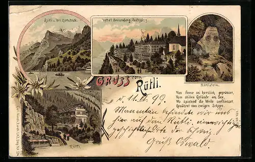 Lithographie Seelisberg, Hotel Sonnenberg, Rütlistein