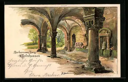 Künstler-AK Gelnhausen, Barbarossa Burg Gelnhausen, Säulengang