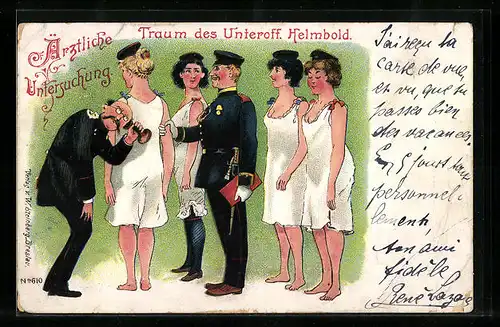 Lithographie Zukunftsbild von Frauen bei der Armee, Traum des Unteroff. Helmbold - Ärztliche Untersuchung