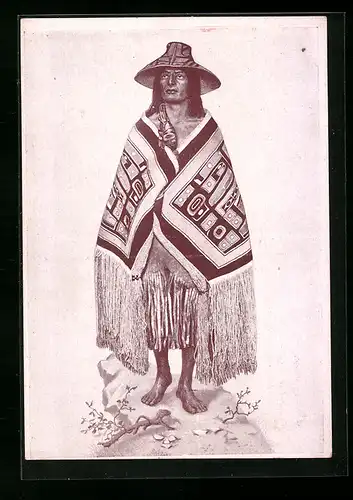 AK Tlingit-Indianer mit Ceremonialdecke und Rabenrassel im Karl-May-Museum