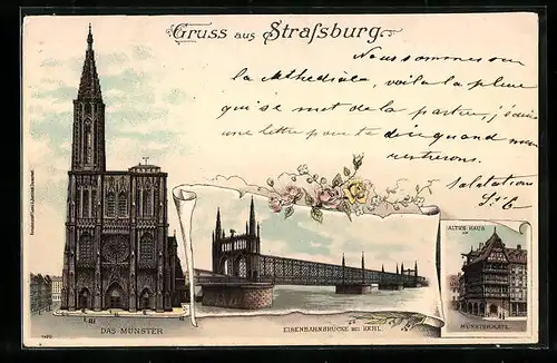 Lithographie Strassburg, Münster, Eisenbahnbrücke bei Kehl, Altes Haus am Münsterplatz