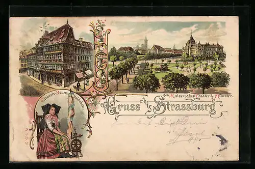 Lithographie Strassburg, Altes Haus, Kaiserpalast, Theater, Münster