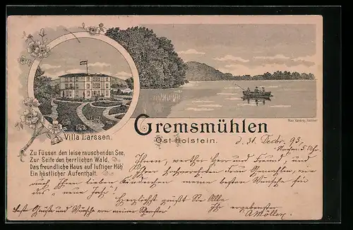 Vorläufer-Lithographie Gremsmühlen, 1893, Villa Larssen, Angler auf dem See