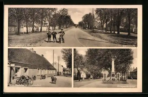 AK Teschendorf i. Mark, Dorfstrasse, Kolonialwaren Kleessen, Kriegerdenkmal