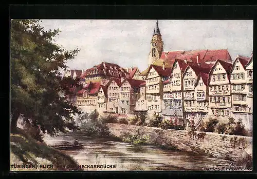 Künstler-AK Charles F. Flower: Tübingen, Stadtpanorama von der Neckarbrücke gesehen