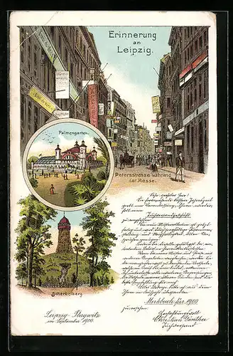 Lithographie Leipzig, Scherbelberg, Palmengarten und Petersstrasse während der Messe