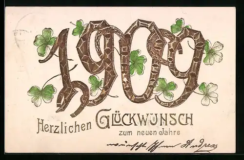 AK Goldene Jahreszahl 1909 mit Hufeisen und Klee