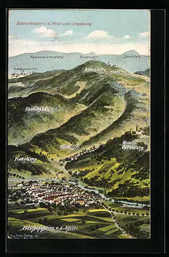 Künstler-AK Eugen Felle: Bischofsheim v. d. Rhön, Ortsansicht mit Haselbach, Tintenfass und Kapelle