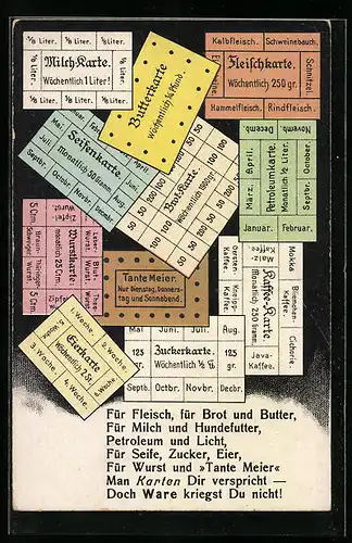 AK Kriegsnot, Kaffe-Karte und Fleischkarte, Gedicht